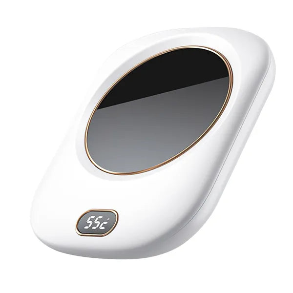 White mug warmer, angled top view, with a temperature display