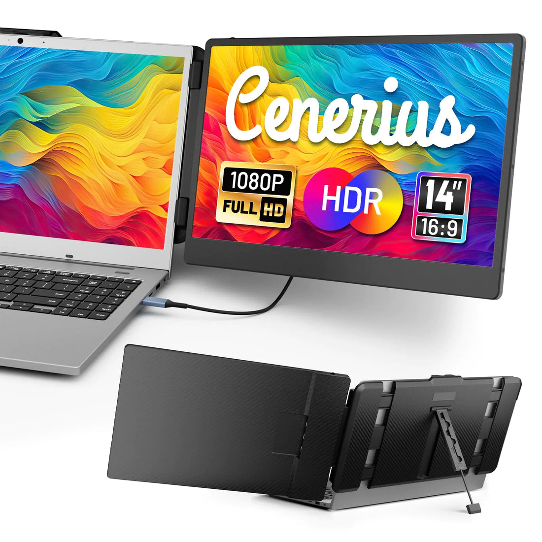 Laptop with a 14-inch dual-screen extender attached, both screens showing a colorful display