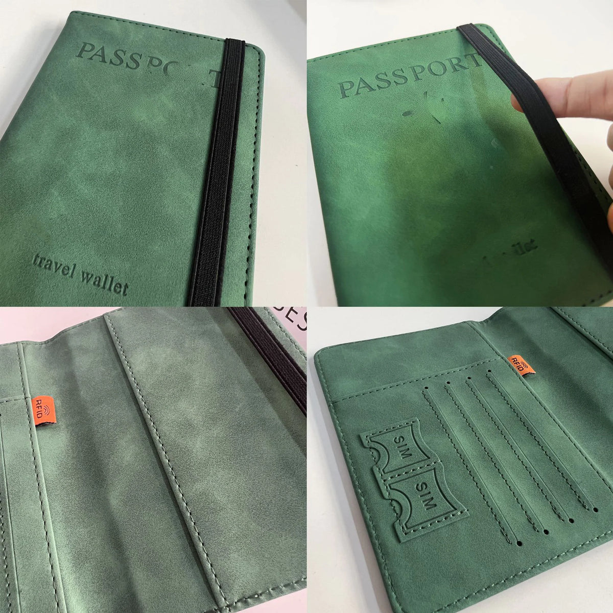 Four close-ups of a teal passport holder with an elastic band and card slots