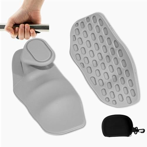 Light grey silicone workout grip pads with a small zip pouch beside a hand holding a bar