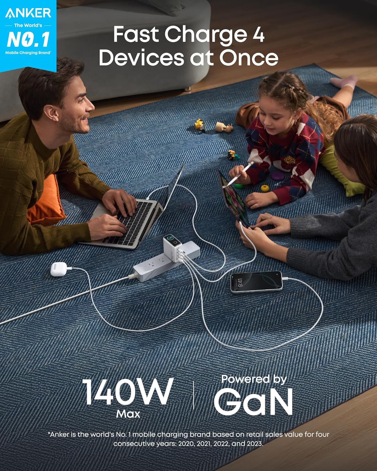 Graphic of the silver charger powering four devices at once, with 140W and GaN text