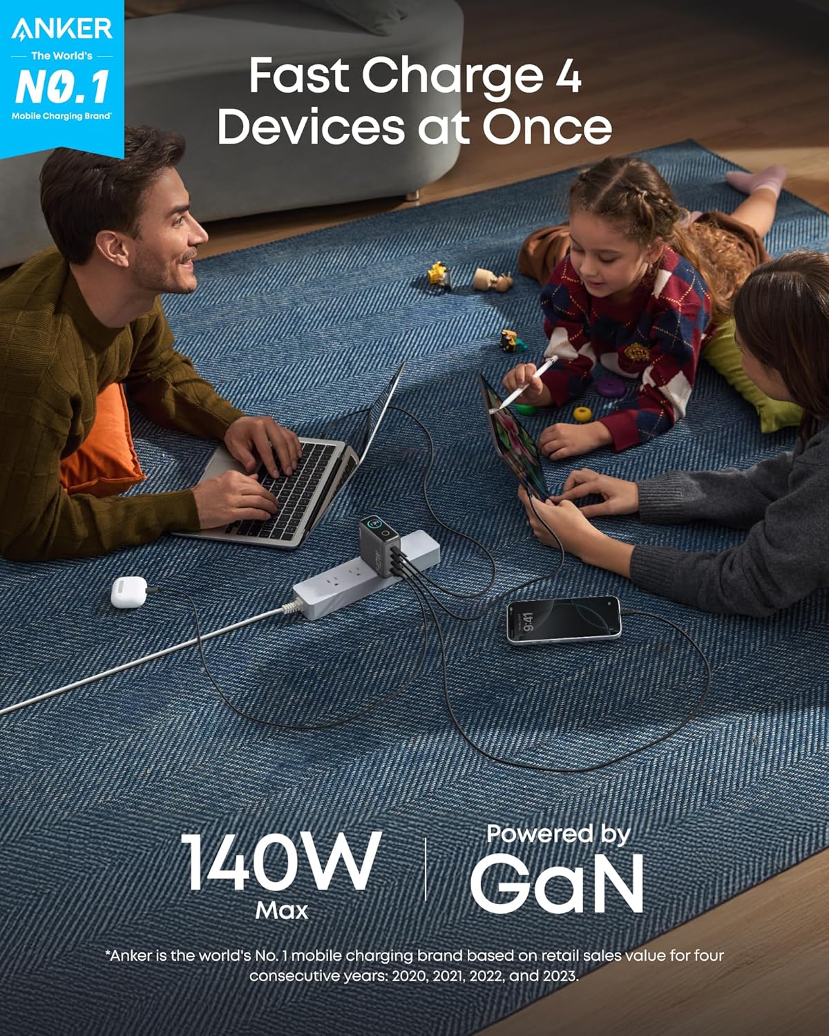 Graphic of people charging four devices at once on the floor, with the text Fast Charge 4 Devices at Once, 140W, Powered by GaN