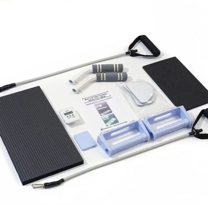 Pilates slider board set with a black mat, resistance cord with handles and hand weights