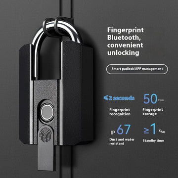 Black fingerprint padlock with a steel shackle mounted on a door, with the text Fingerprint, Bluetooth, convenient unlocking