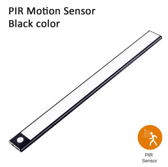 Black motion sensor light bar with a PIR sensor icon