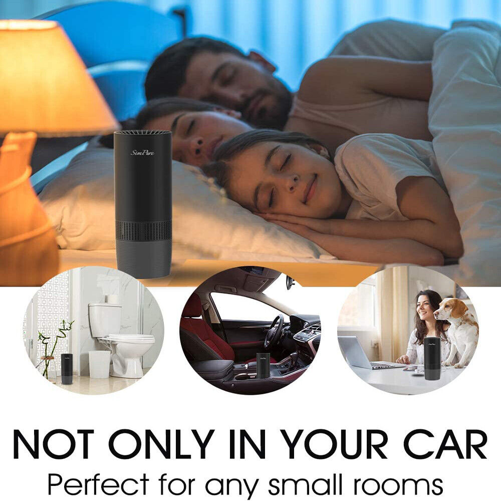 Couple sleeping with a small purifier on a nightstand, with circles showing car, living room and office use
