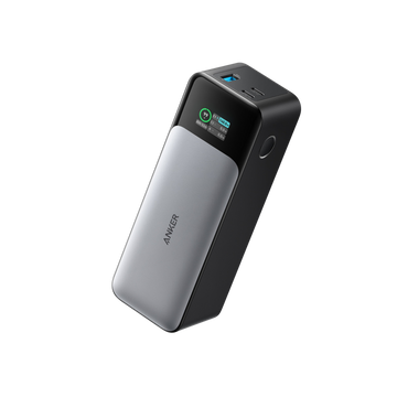 Anker 737 Power Bank PowerCore 24K in gray with a digital display and USB ports, angled view