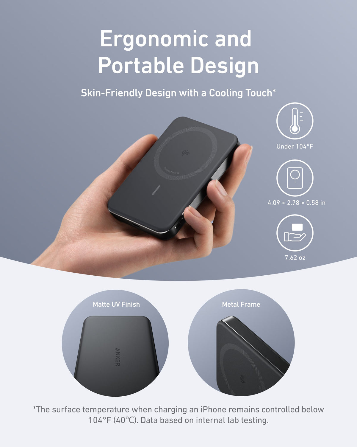 Hand holding the black power bank, with the text Ergonomic and Portable Design and temperature icons