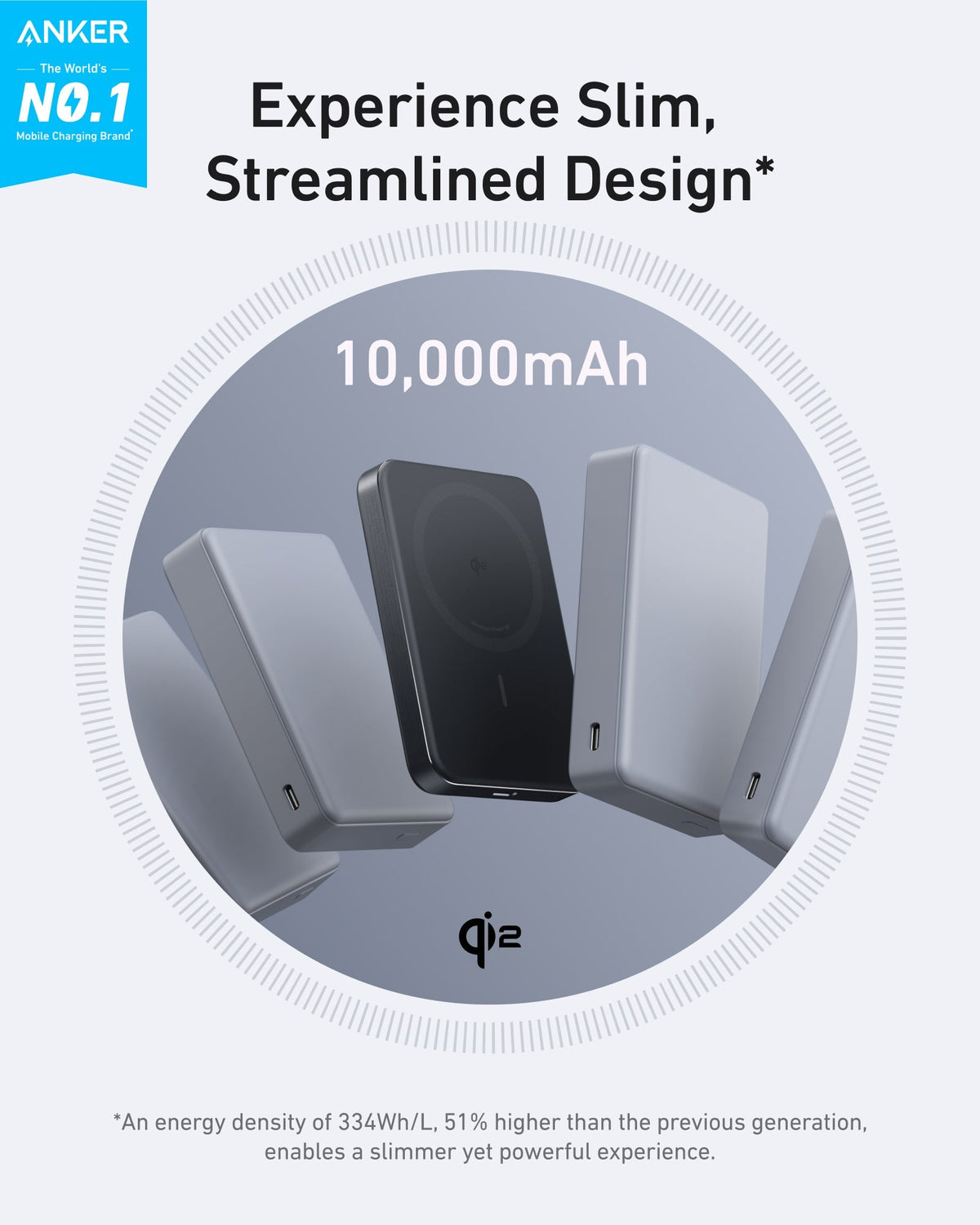 Graphic of the black power bank showing 10,000mAh capacity and a slim design with the Qi2 logo