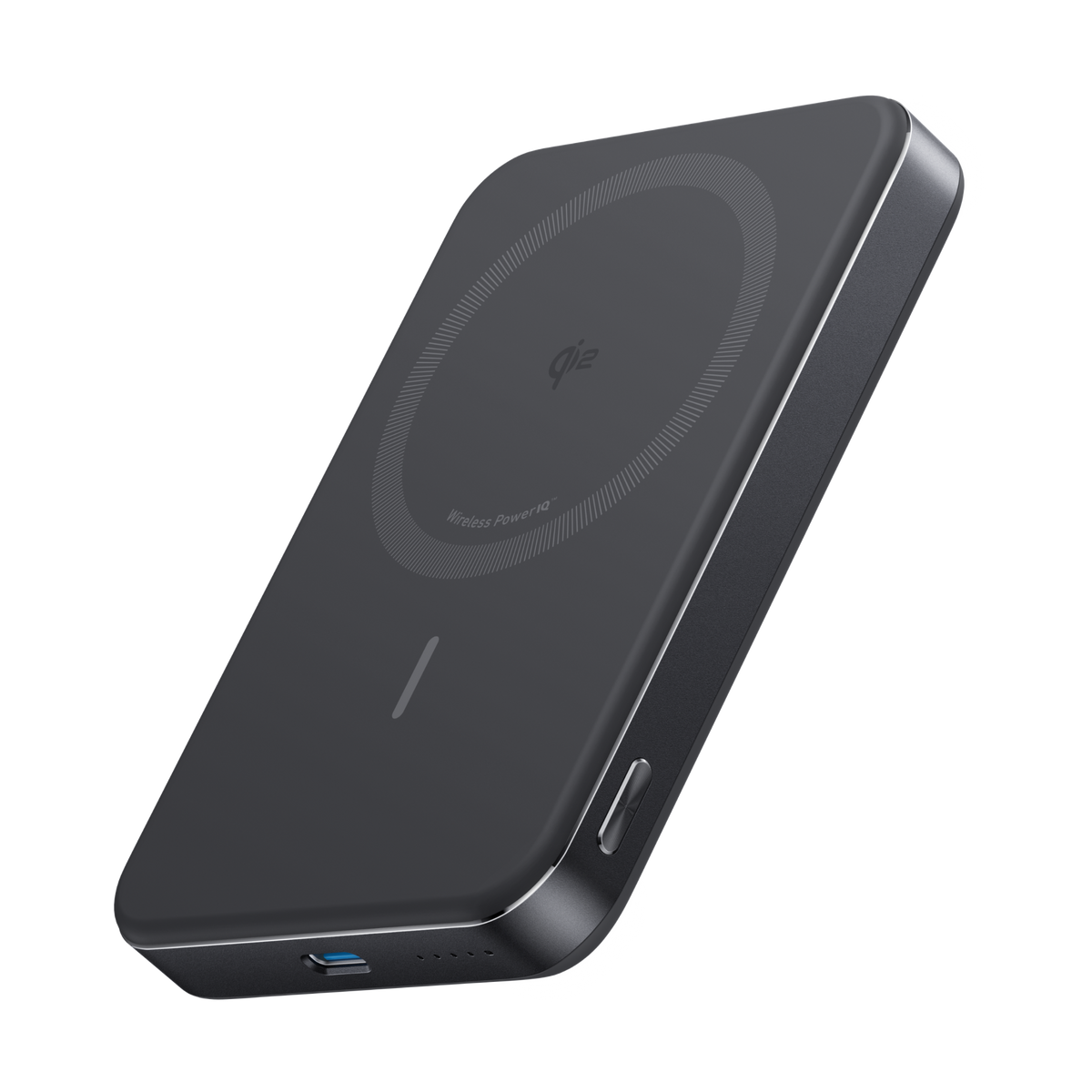Black Anker MagGo 10K Slim power bank at an angle showing the magnetic charging circle and a port on the side