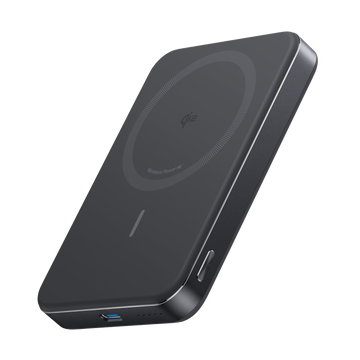 Black Anker MagGo 10K Slim power bank at an angle showing the magnetic charging circle and a port on the side