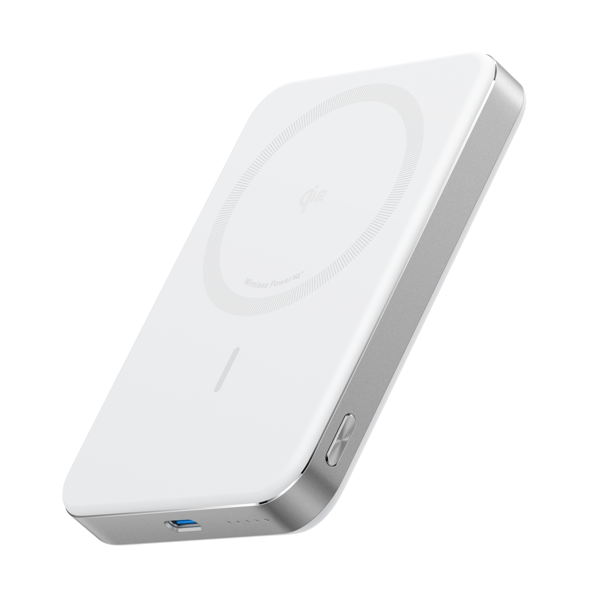 White Anker MagGo 10K Slim power bank at an angle with a USB-C port on the side