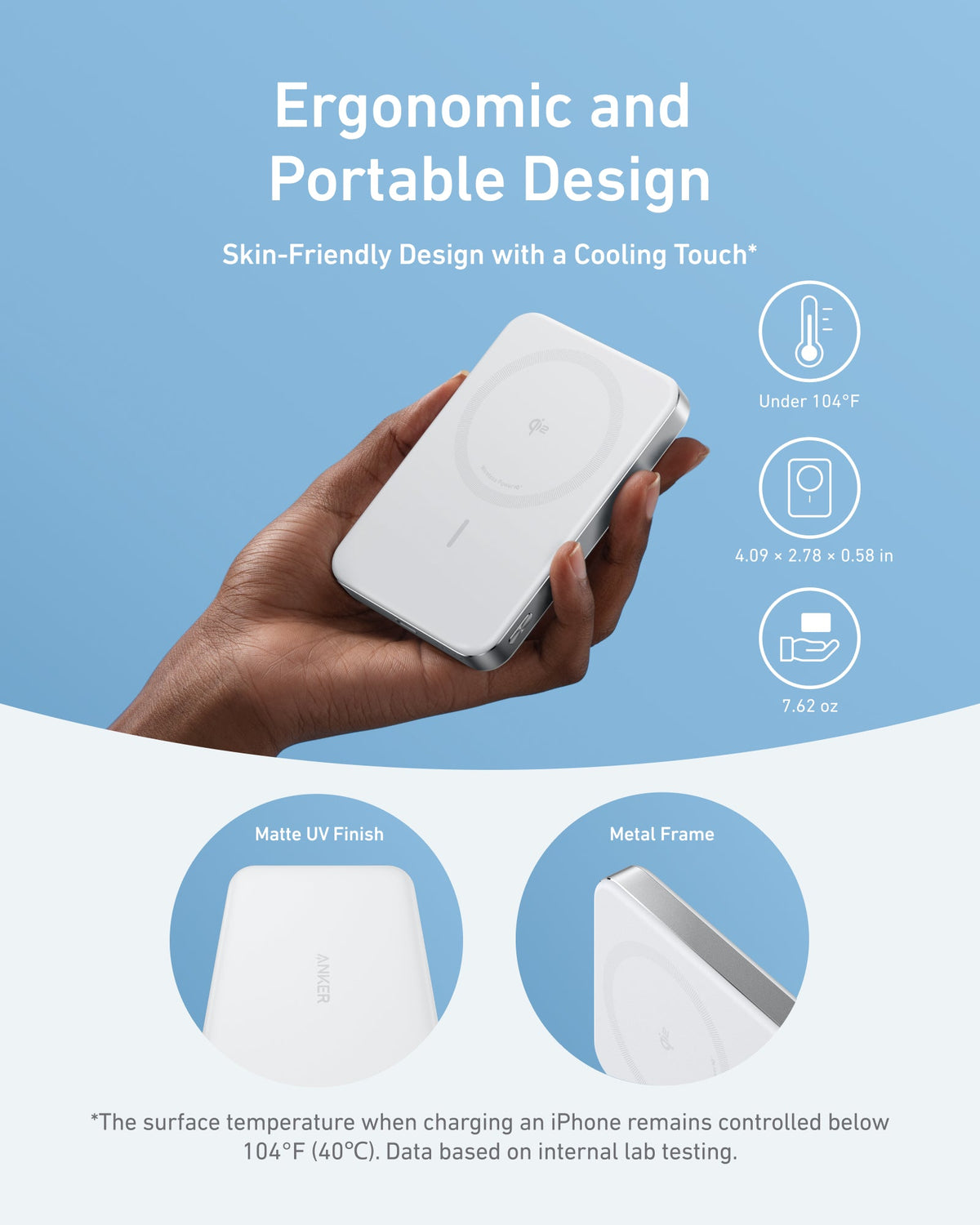 Hand holding the white power bank, with the text Ergonomic and Portable Design and temperature icons