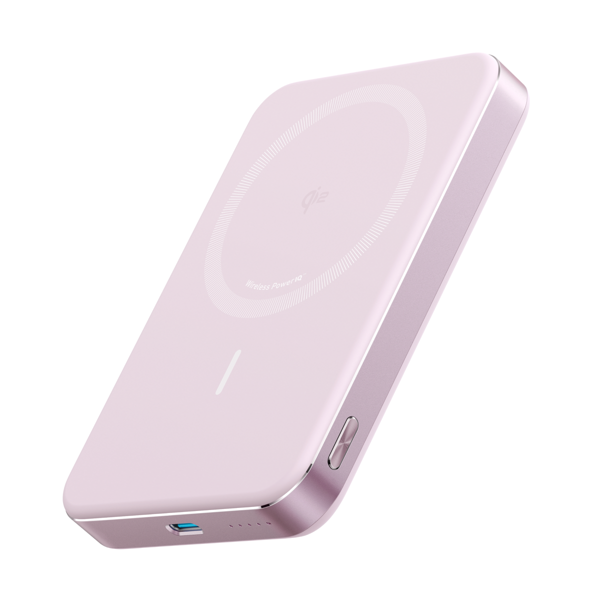 Light pink Anker MagGo 10K Slim power bank at an angle showing the magnetic charging circle