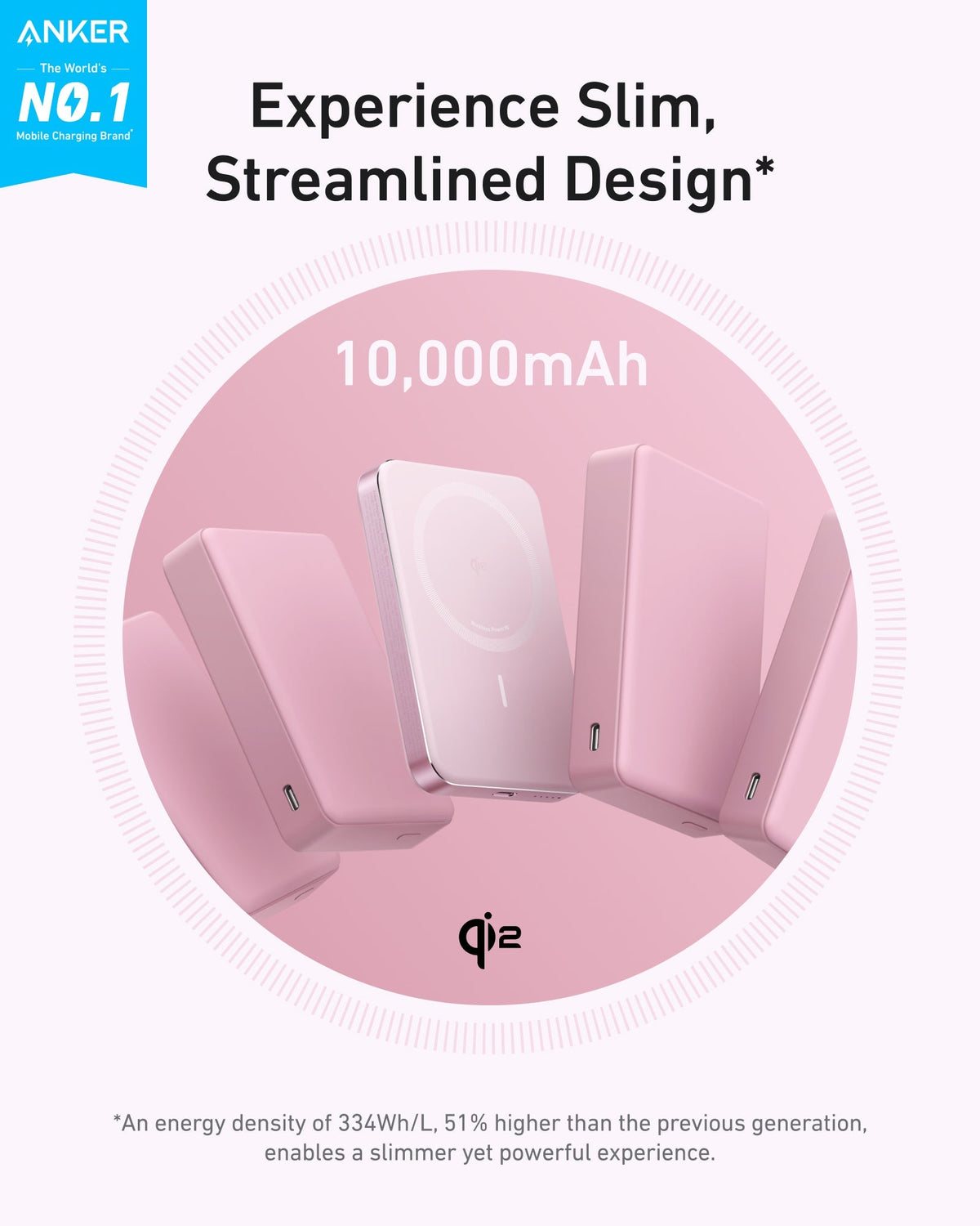 Graphic of the pink power bank showing 10,000mAh capacity and a slim design with the Qi2 logo