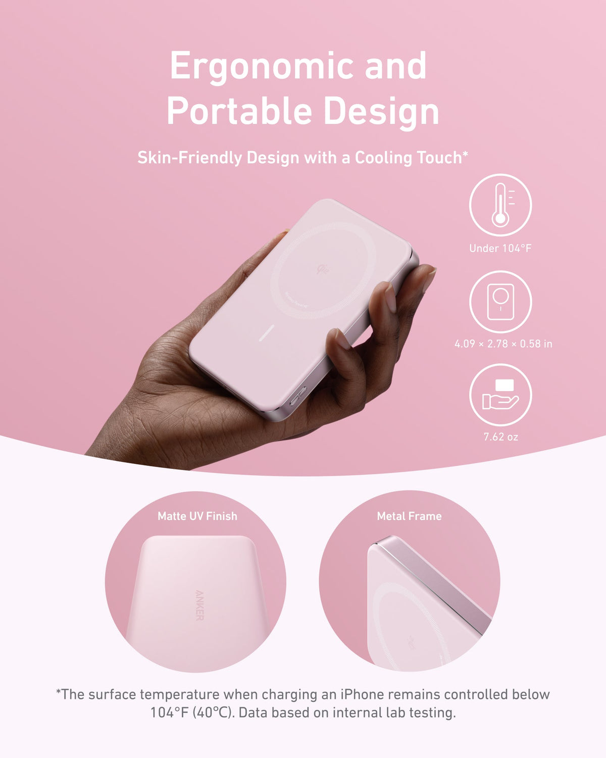 Hand holding the pink power bank, with the text Ergonomic and Portable Design and temperature icons