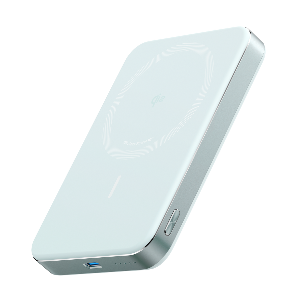 Mint green Anker MagGo 10K Slim power bank at an angle showing the magnetic charging circle