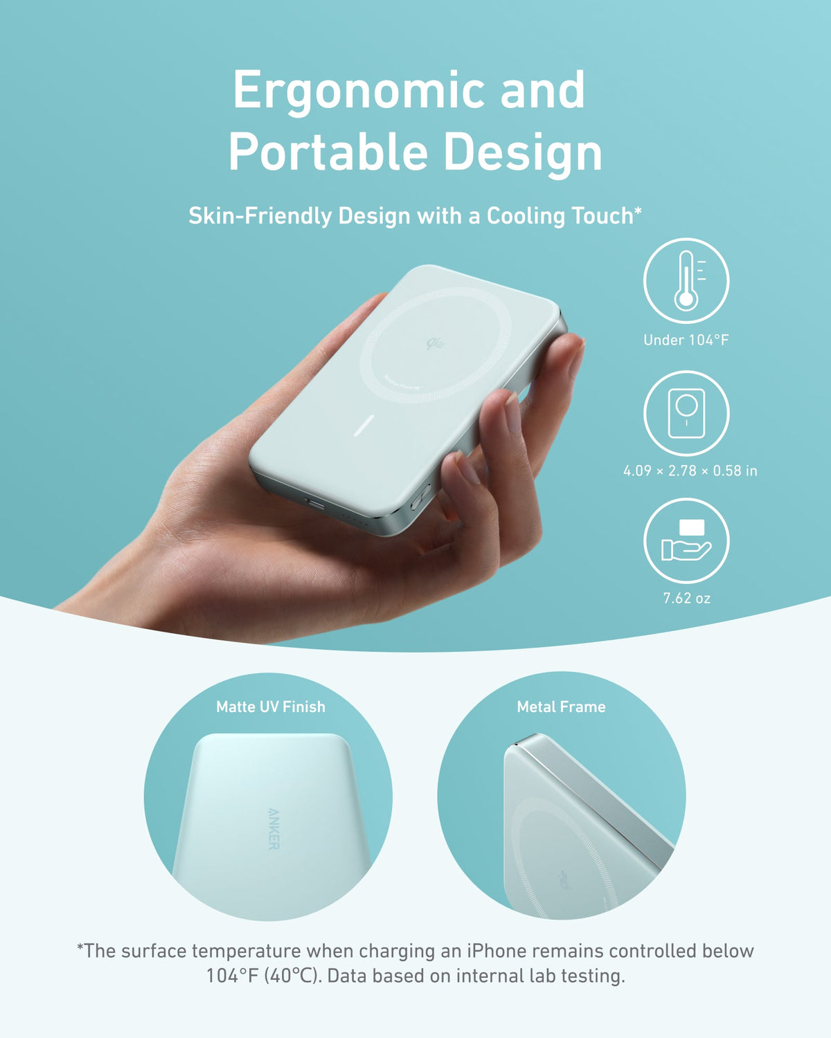 Hand holding the mint green power bank, with the text Ergonomic and Portable Design and temperature icons