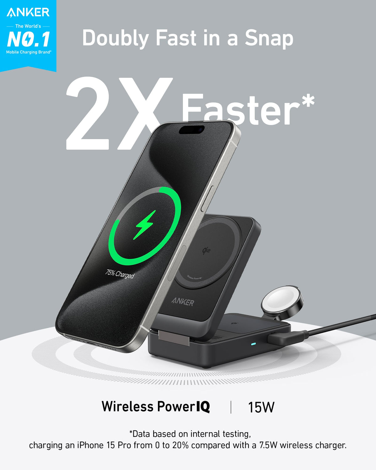 Black 3-in-1 charging station charging a phone with the text 2X Faster and Wireless PowerIQ 15W