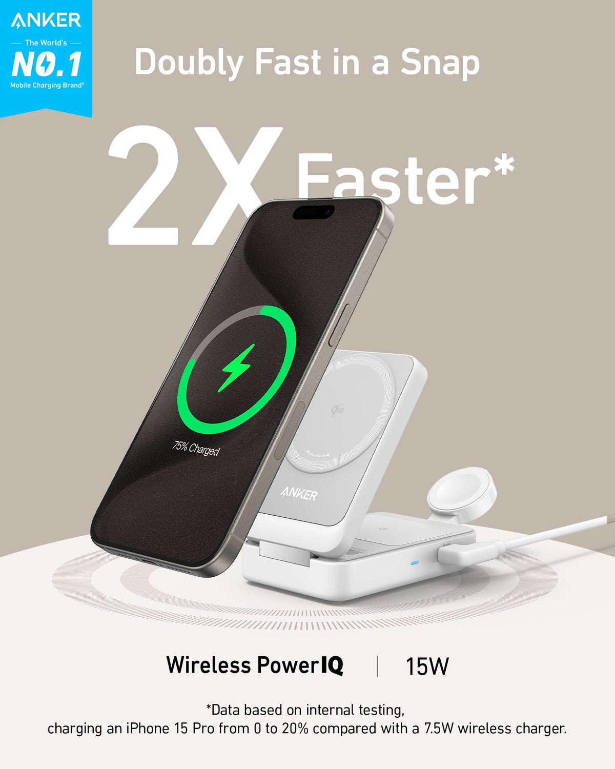 White 3-in-1 charging station charging a phone with the text 2X Faster and Wireless PowerIQ 15W