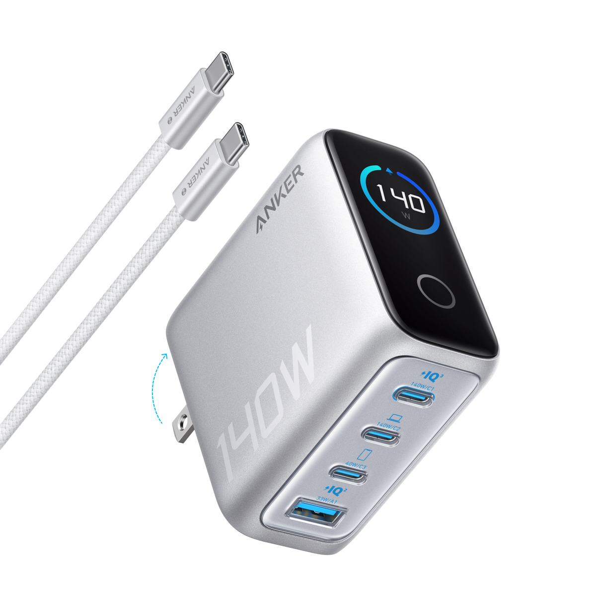 Anker 140W 4-Port GaN Charger in silver with a white USB-C cable