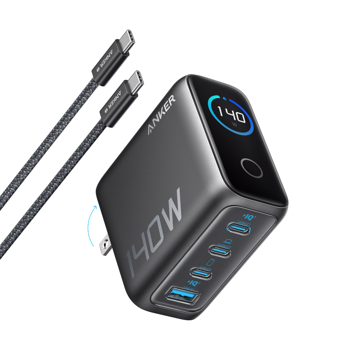 Anker 140W 4-Port GaN Charger in black with a braided USB-C cable and a round display showing 140