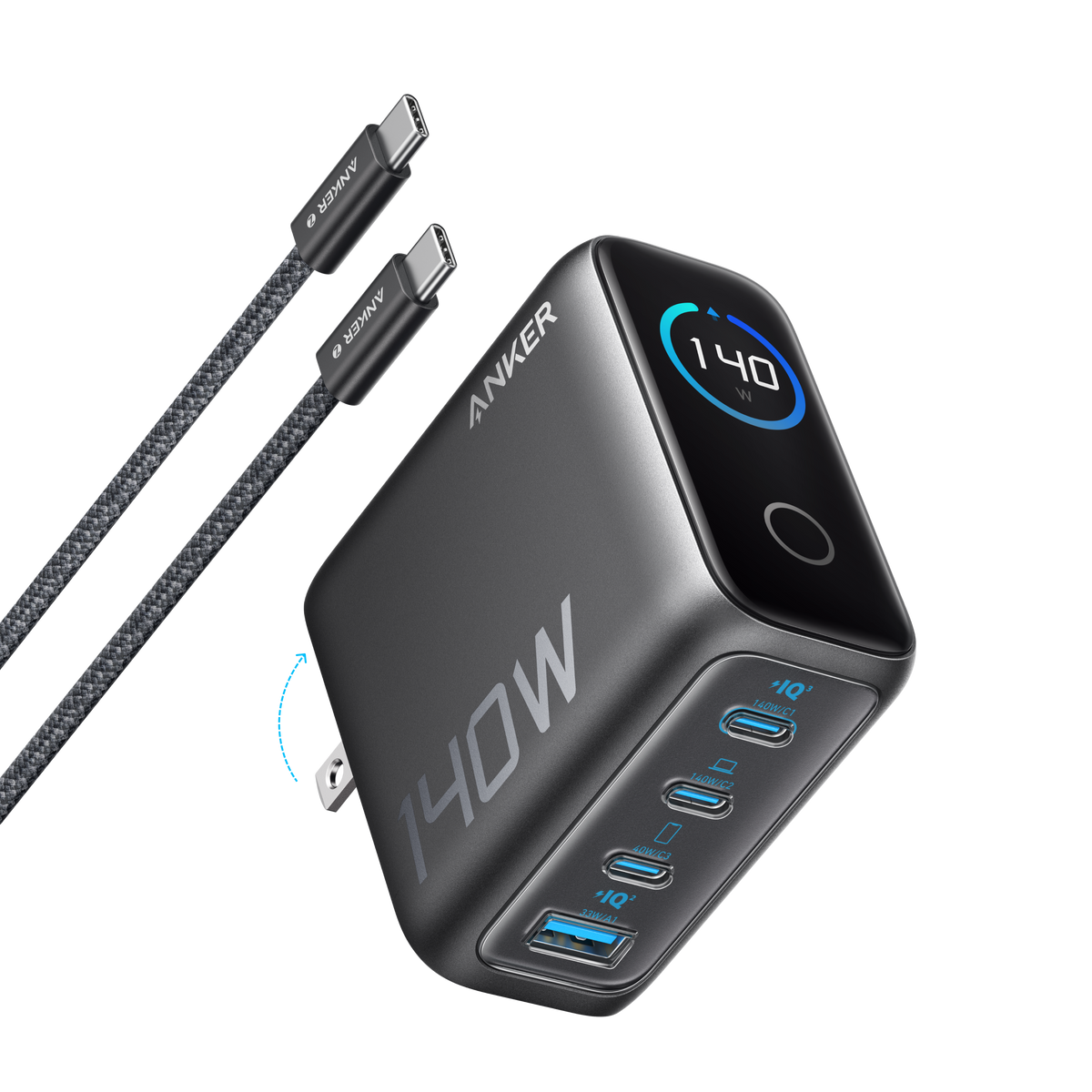 Anker 140W 4-Port GaN Charger in black with a braided USB-C cable and a round display showing 140