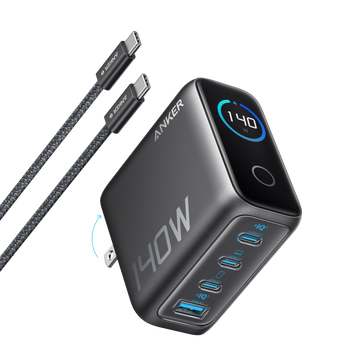 Anker 140W 4-Port GaN Charger in black with a braided USB-C cable and a round display showing 140