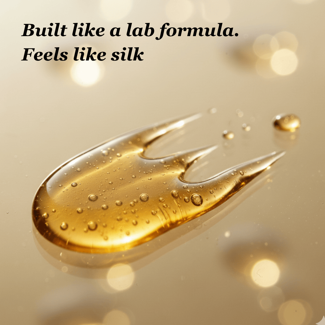 Golden serum drop on a cream background with the text Built like a lab formula. Feels like silk