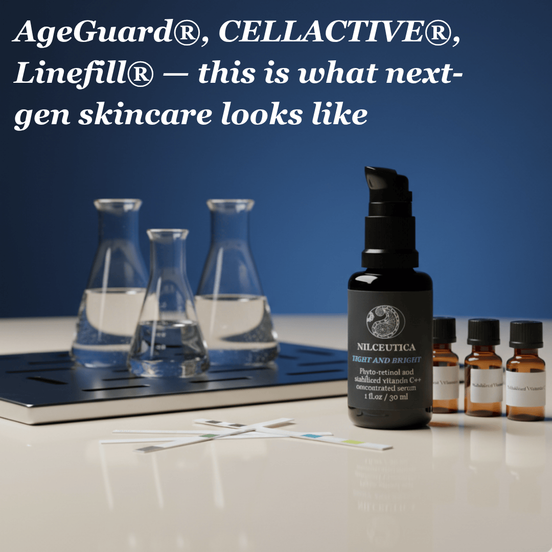 Serum bottle in front of lab glassware, with ingredient names in the text