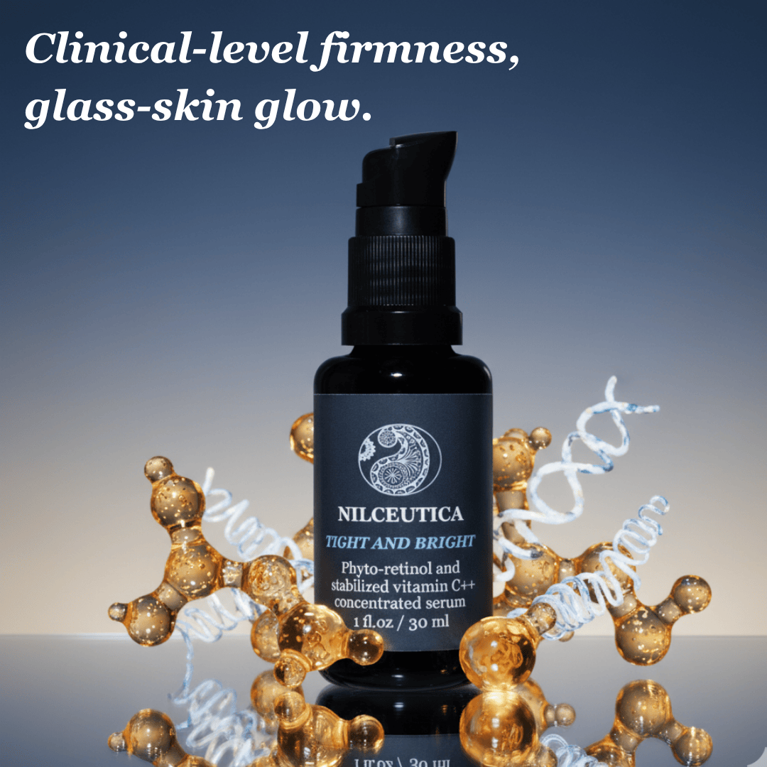 Serum bottle resting on a molecule model, with the text Clinical-level firmness, glass-skin glow