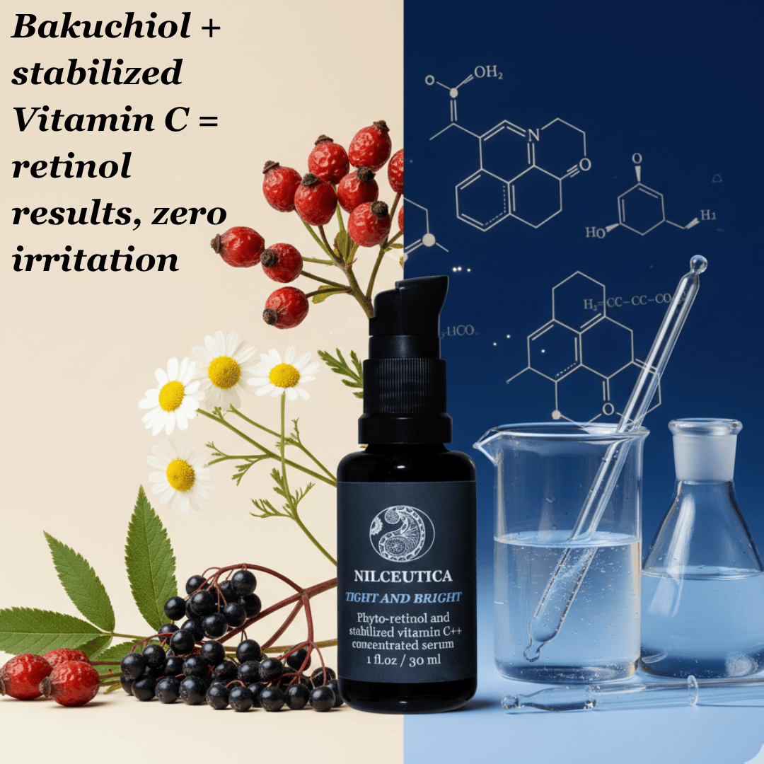 Serum bottle with botanical and molecule illustrations, with the text Bakuchiol plus stabilized Vitamin C