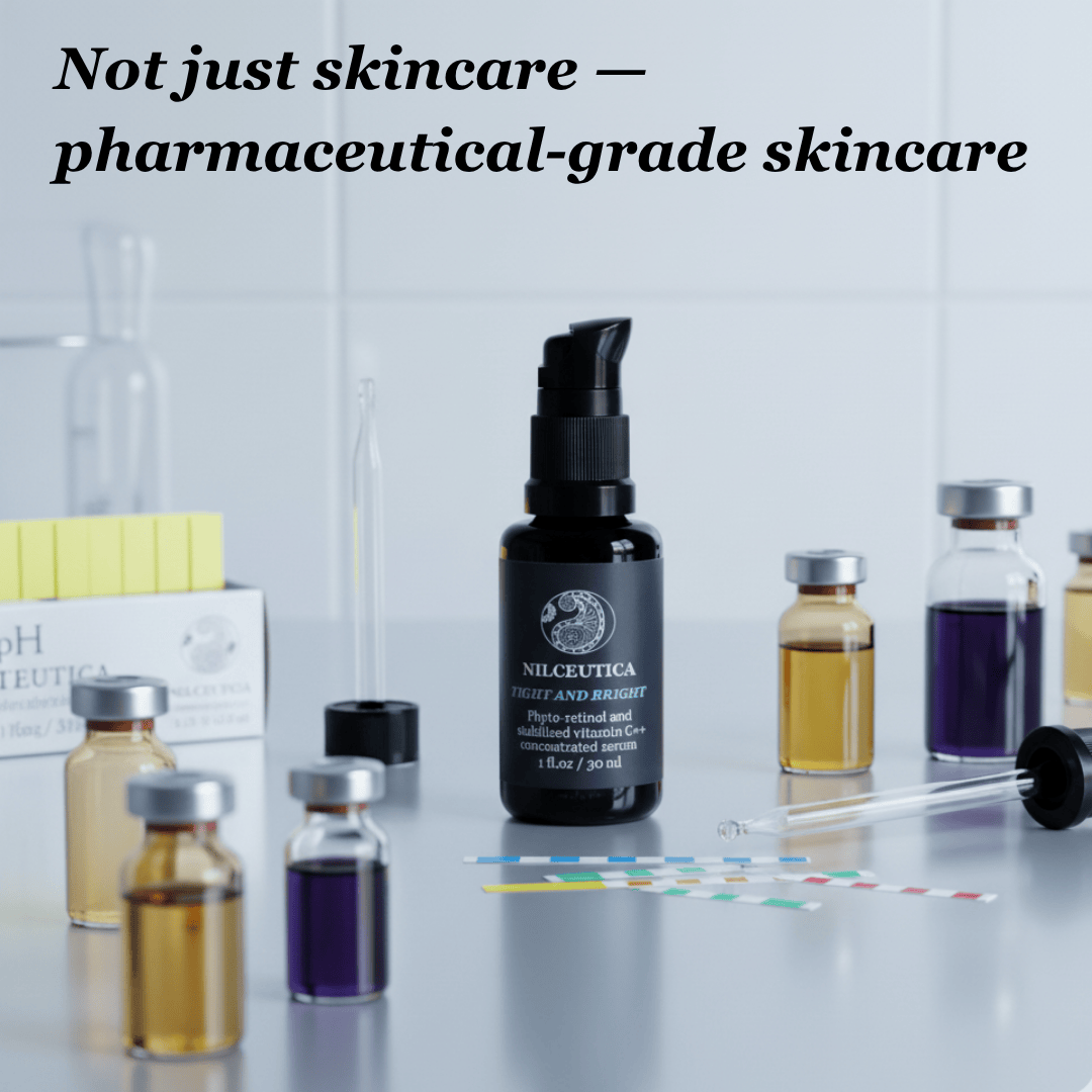 Serum bottle among small vials and lab glassware, with the text Not just skincare, pharmaceutical-grade skincare