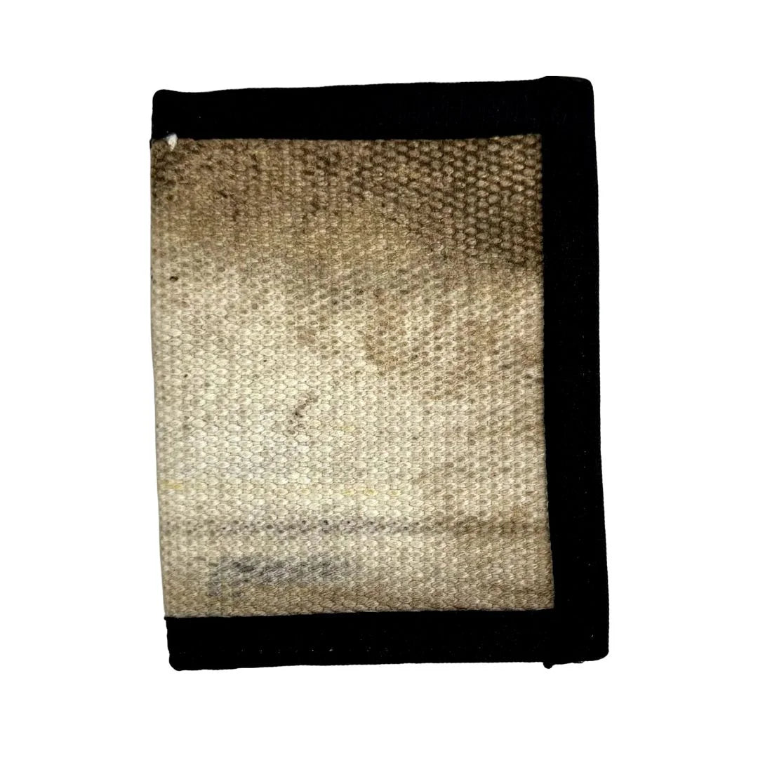 Captain Wallet in worn tan-gray fire hose fabric with black binding