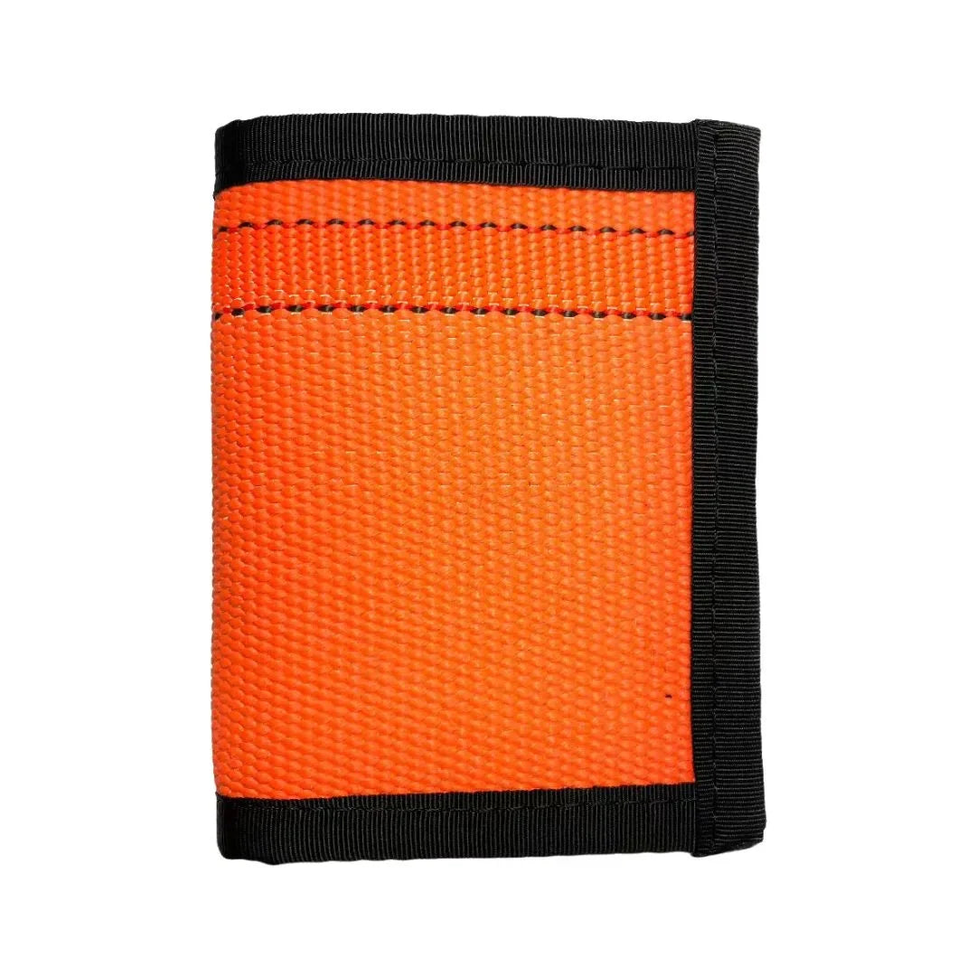 Captain Wallet in orange fire hose with black binding and a line of stitching