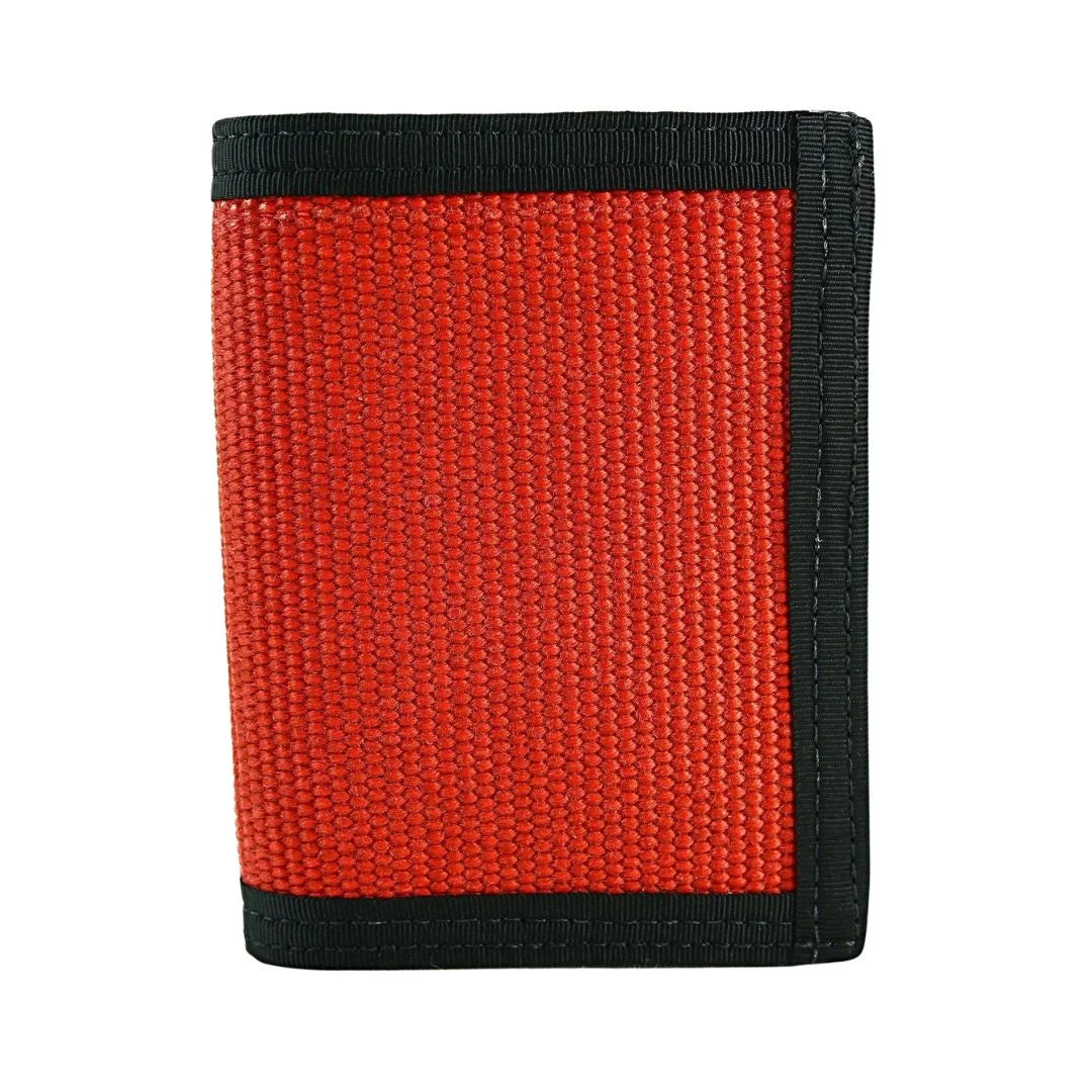Captain Wallet in red fire hose with black binding, front view
