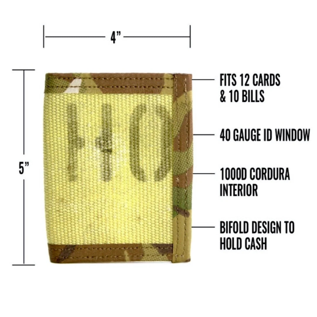 Captain Wallet in yellow hose fabric with a camouflage edge, with 4 by 5 inch dimensions and callouts for card capacity, ID window and bifold design