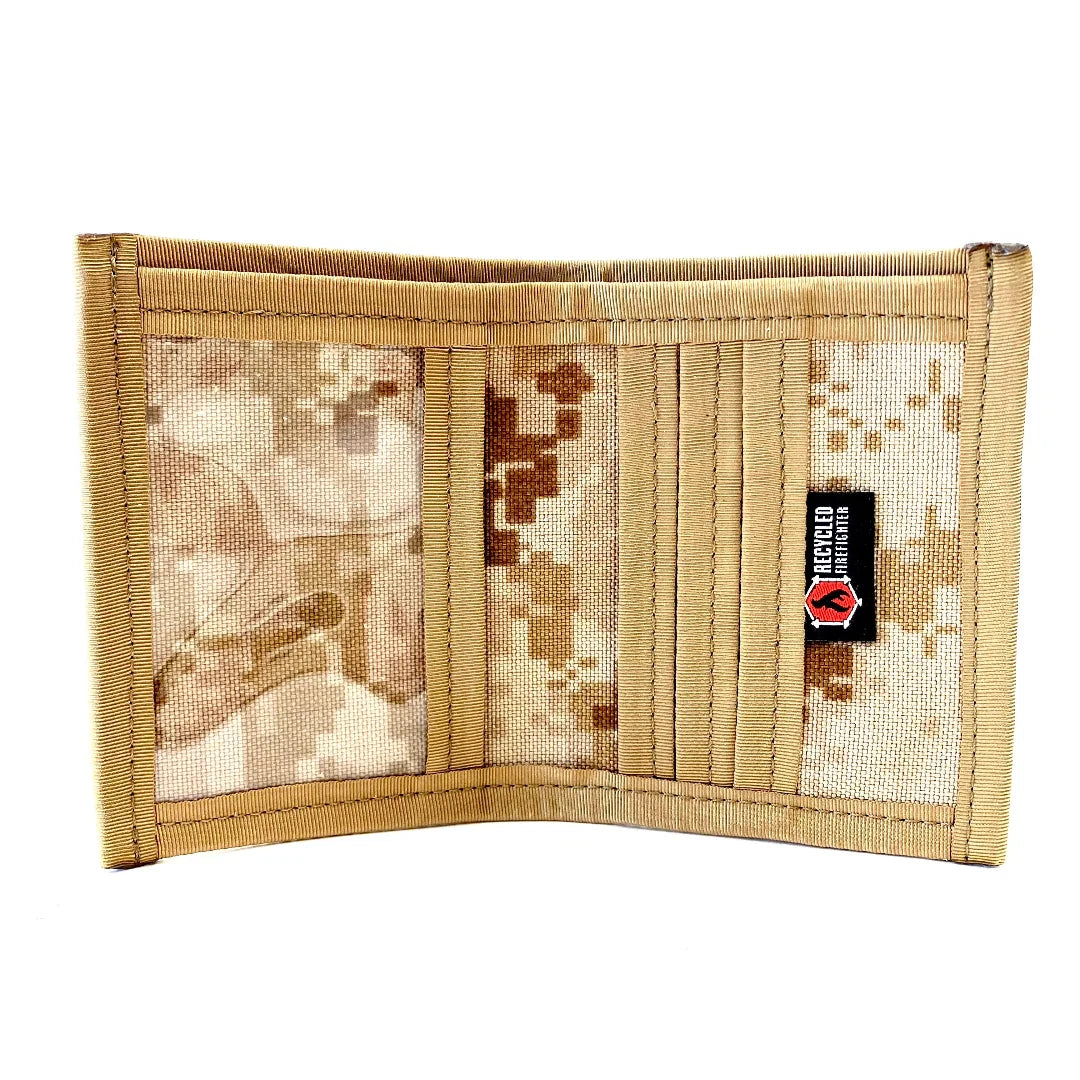 Open Captain Wallet with a desert camouflage interior, card slots and a small logo tag