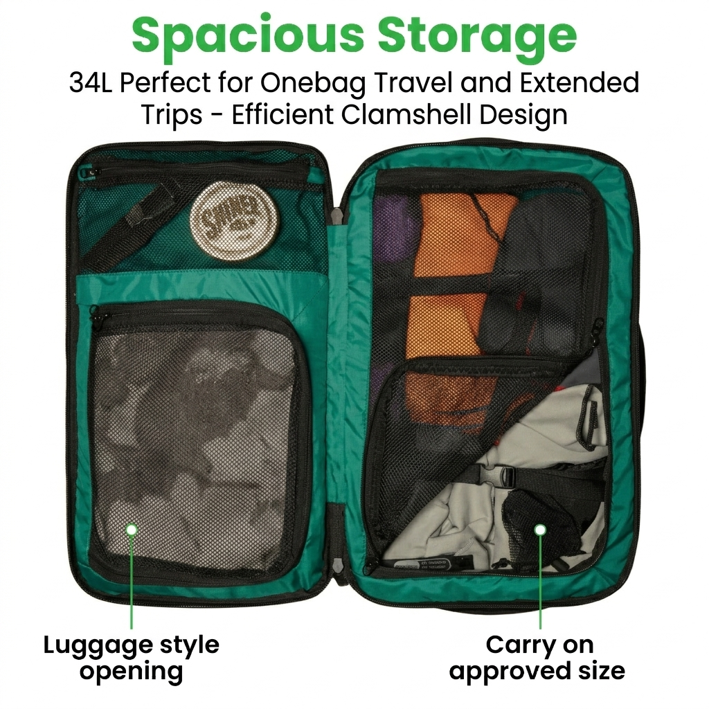Open clamshell backpack with a green lining packed with clothes, labeled Spacious Storage