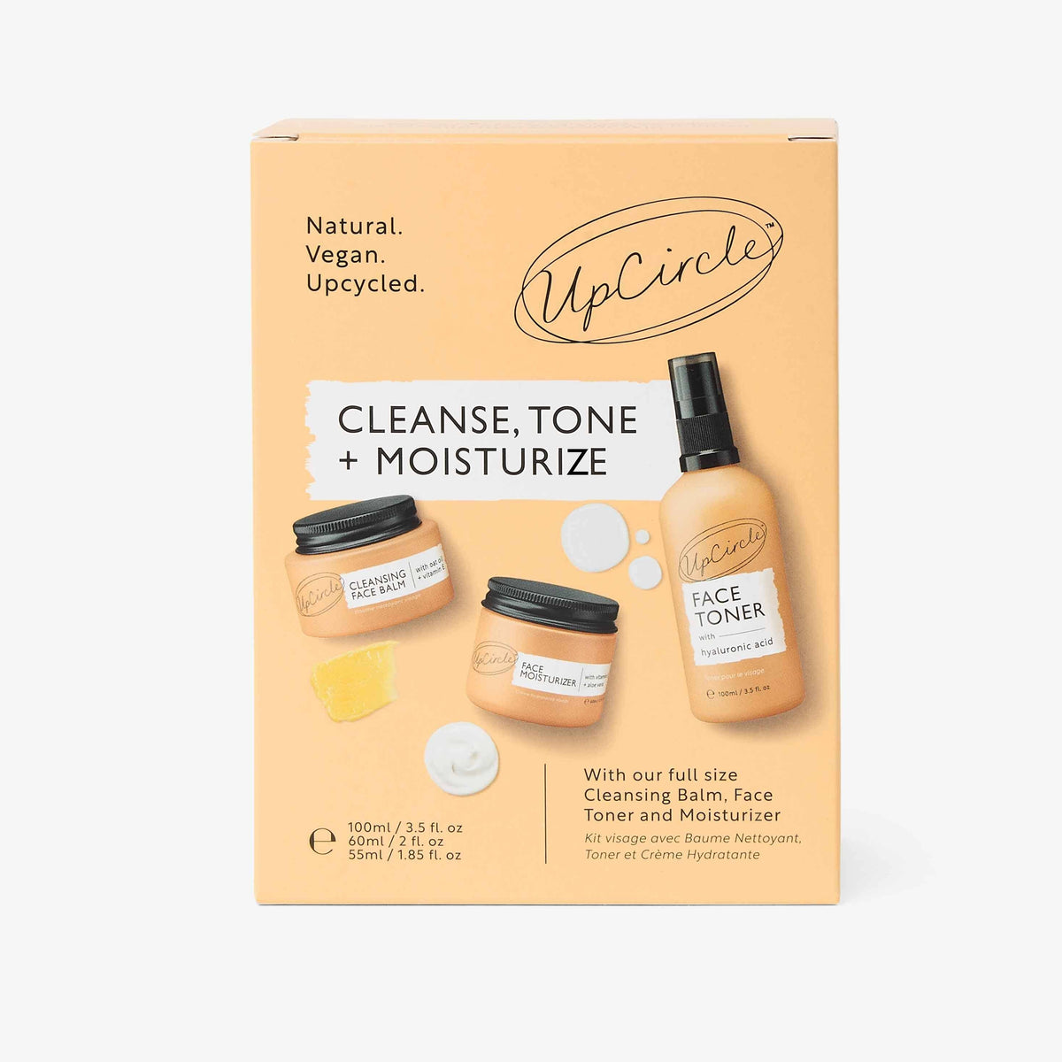 UpCircle Cleanse, Tone + Moisturize Set box with a cleansing balm jar, moisturizer jar and face toner bottle