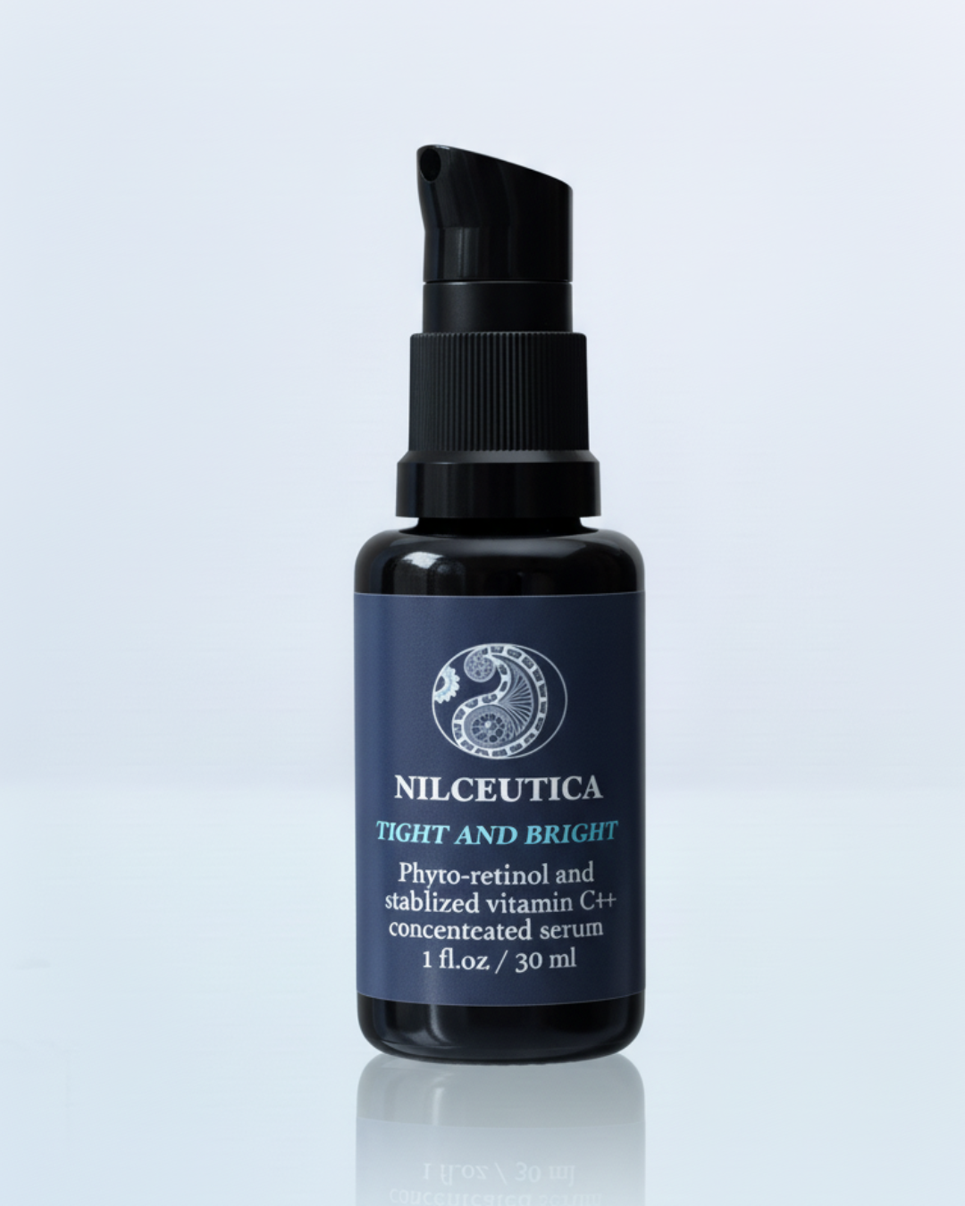 NILCEUTICA Tight and Bright Serum in a dark glass dropper bottle on a white background