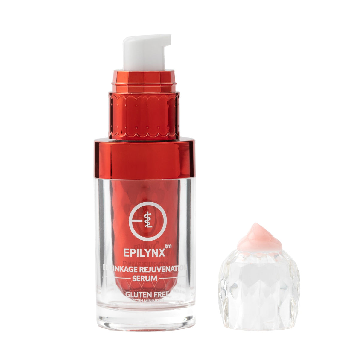 EpiLynx rejuvenation face serum in a red pump bottle beside a small crystal piece