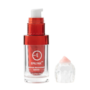EpiLynx rejuvenation face serum in a red pump bottle beside a small crystal piece