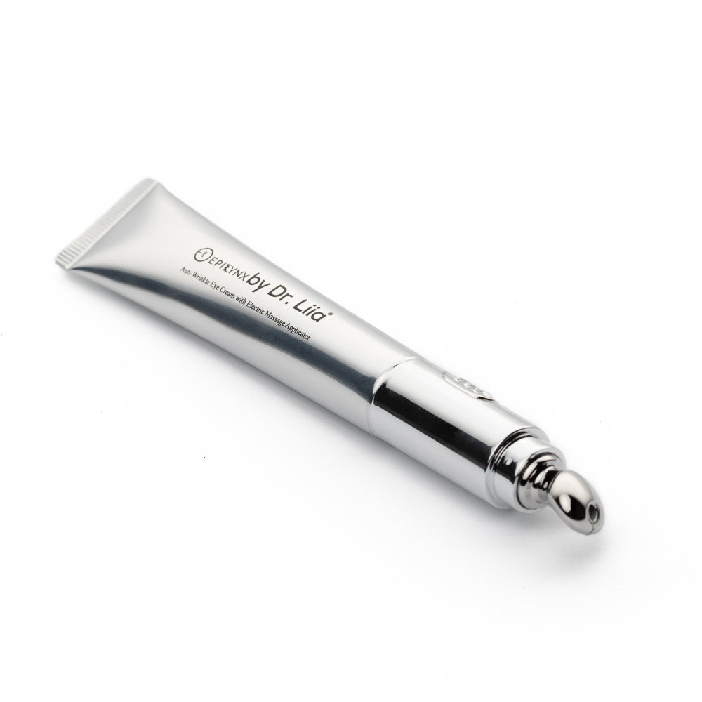Silver eye cream tube with a ball applicator tip on a white background