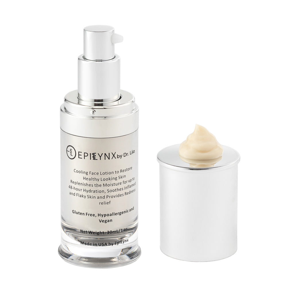 EpiLynx moisturizer bottle beside its cap holding a dollop of cream