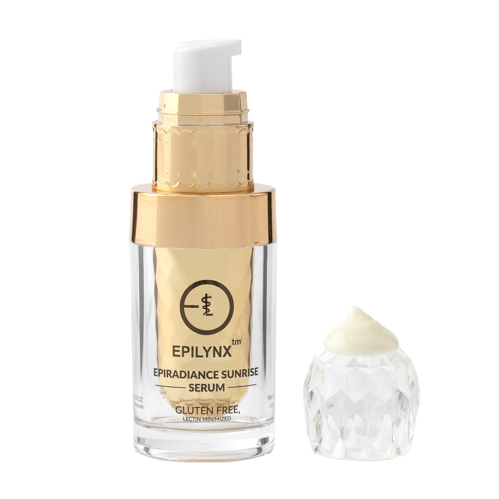 EpiLynx Sunrise hyaluronic acid serum in a gold and clear pump bottle beside a crystal-style cap