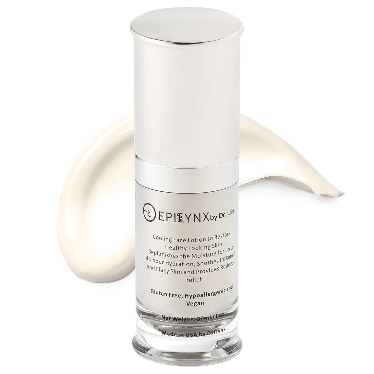 EpiLynx moisturizer bottle with a swoosh of white cream behind it