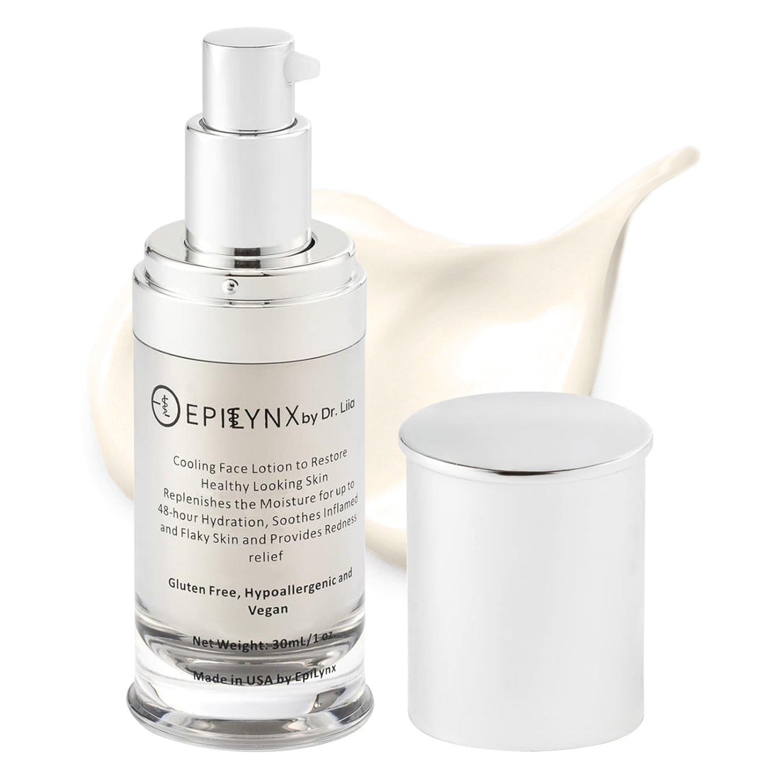 EpiLynx Calming Face Moisturizer silver pump bottle with its cap beside a swoosh of cream