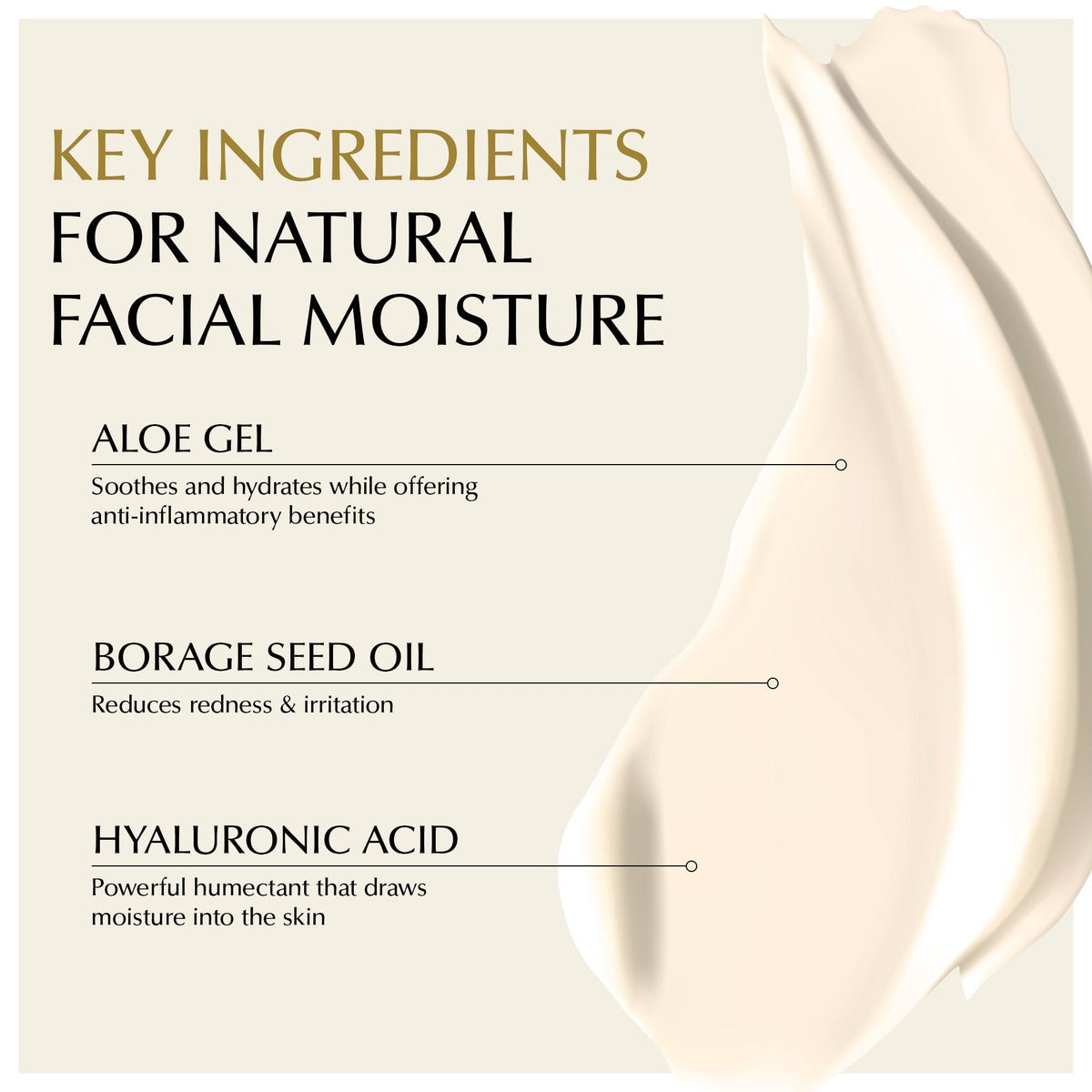 Infographic of key ingredients: aloe gel, borage seed oil and hyaluronic acid, beside a swoosh of cream