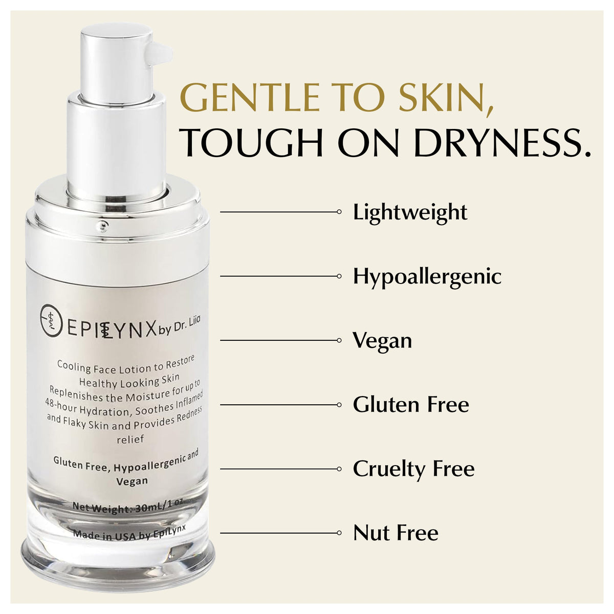 Infographic of the EpiLynx moisturizer bottle with a list of product attributes